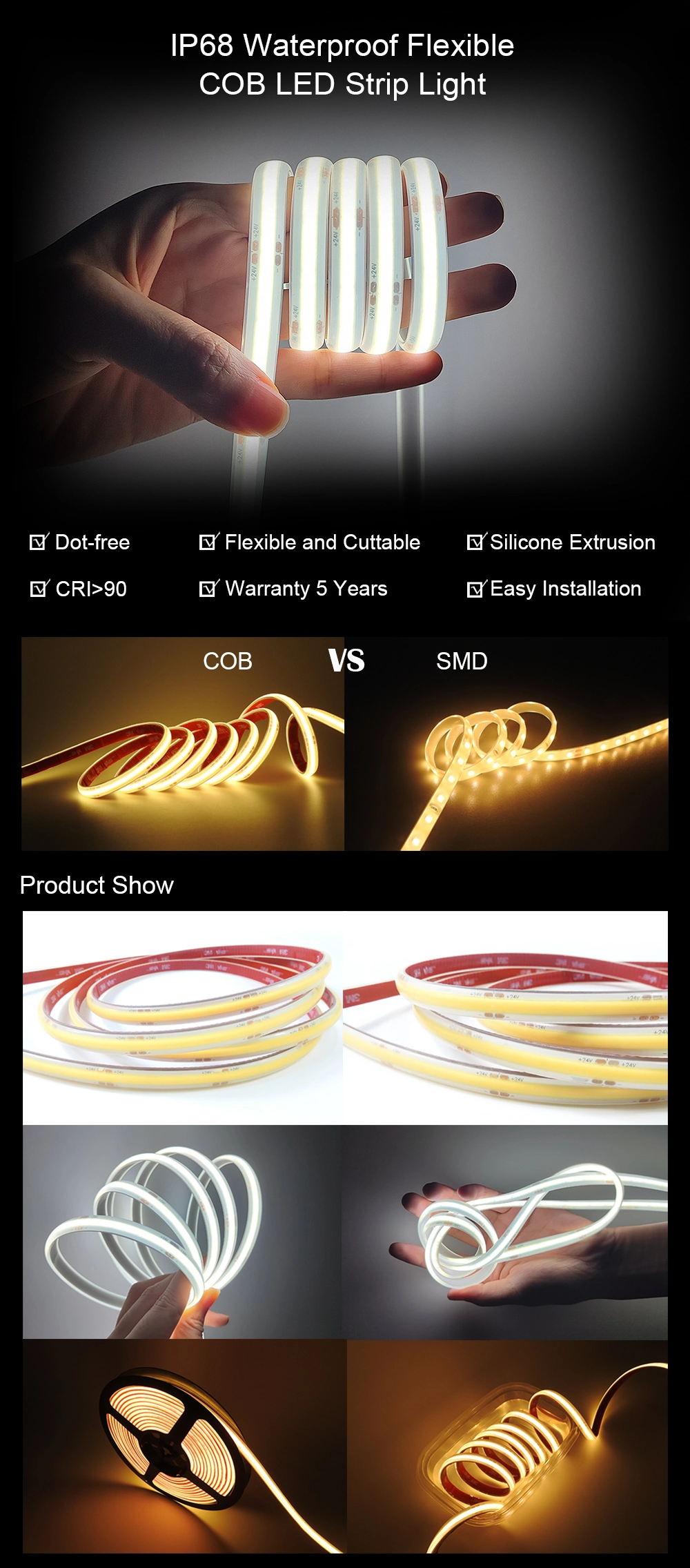 IP68 LED Lighting 9.6W Flexible COB LED Strip for Landscape Lighting