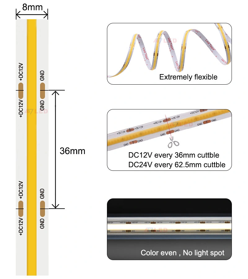 Under Cabinet Ceiling Dotless Ribbon Tape Light 5m Cuttable Exterior Outdoor Waterproof Low Voltage DC 12V 24V Flexible Chip on Board COB LED Strip Lighting